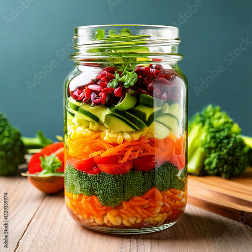 Layered healthy meal prep in jars with fresh ingredients