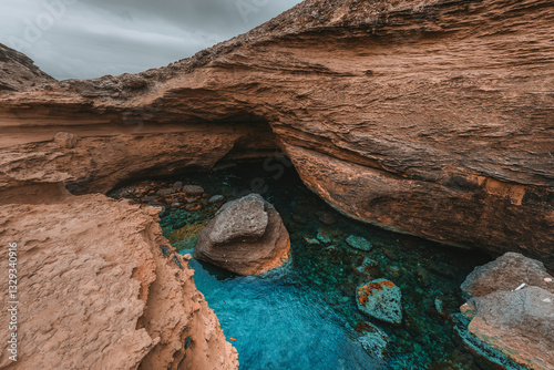 View of tranquil blue waters and rugged rock formations in a scenic cave, Bonifacio, Corsica, France.