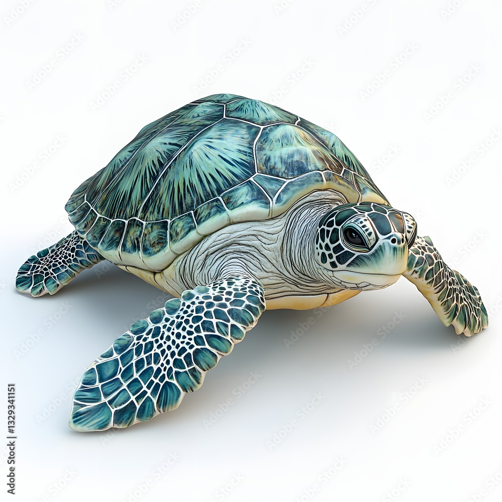 Obraz premium A stunning 3D render of a green sea turtle, showcasing its intricate shell and graceful form. Detailed Animal isolated on white background. Majestic Green Sea Turtle