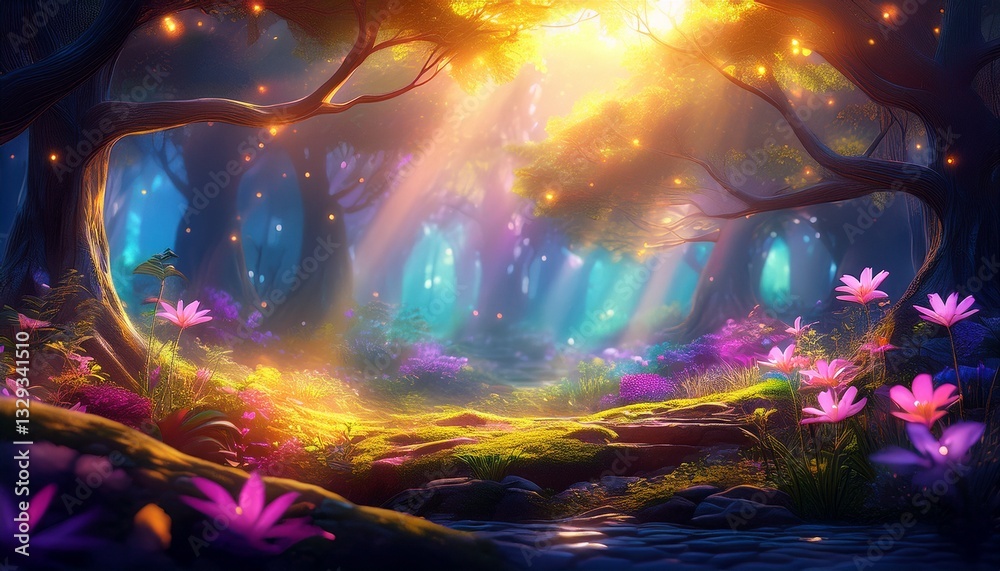 Fototapeta premium A utopian forest where glowing flowers and radiant trees create an ethereal landscape. Soft beams of sunlight filter through the canopy, casting gentle light on the lush, vibrant surroundings. 