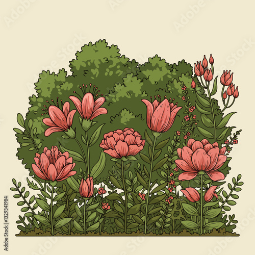 Blooming Flower Garden with Green Bush Illustration in Pink and Green