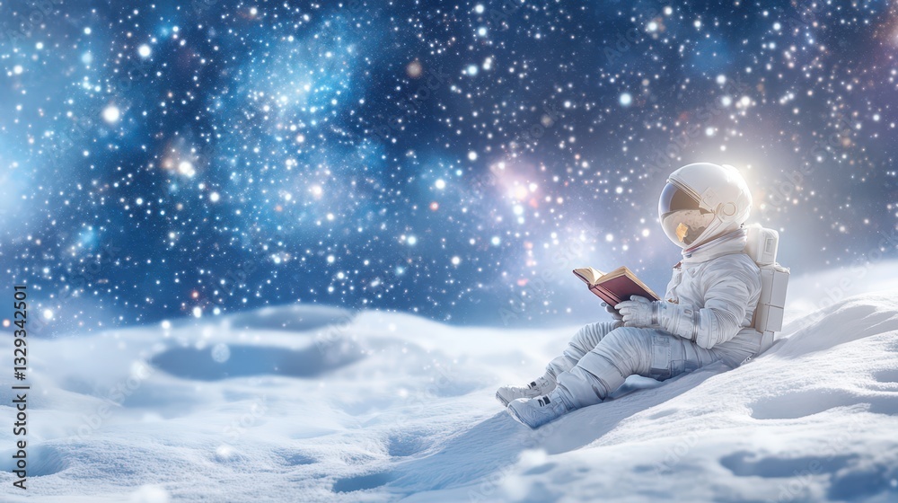 Reading in Cosmos: An astronaut in a spacesuit sits on the surface of an extraterrestrial planet and reads a book under a starry cosmic background, capturing a sense of wonder. Reading in Cosmos: An astronaut in a spacesuit sits on the surface of an extraterrestrial planet and reads a book under a starry cosmic background, capturing a sense of wonder.