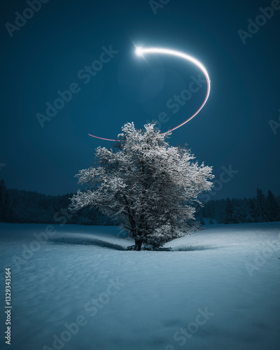 View of a serene snowy landscape with a single tree silhouetted against a mystical night sky, Baretswil, Zurich, Switzerland.
