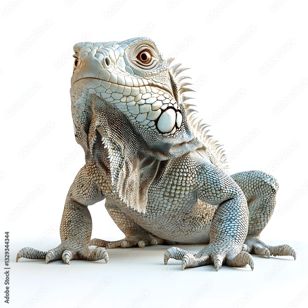 Obraz premium A striking close-up of a majestic white iguana, showcasing its intricate scales and intense gaze. The image is digitally rendered, offering a detailed view. Detailed Iguana isolated