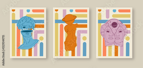 Set of creative abstract art background with Greek statues in psychedelic weird style. Design for wall decoration, postcard, poster or brochure. Vector illustration