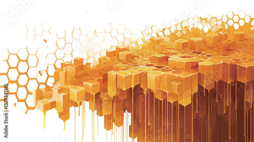 The image is an abstract digital illustration depicting a stylized honeycomb structure with honey dripping from it.  The honey is rendered in shades of amber and gold, appearing thick and viscous.
