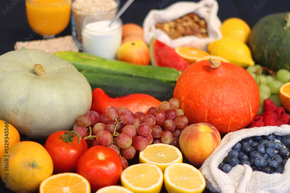 Various healthy fruits, vegetables and cereals on dark background. Selective focus.