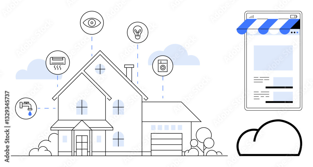 Fototapeta premium House linked to devices symbolizing security, energy, water, and appliances connected to a mobile app. Ideal for technology, automation, sustainability, control, efficiency home management IoT