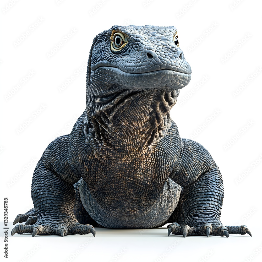 Obraz premium A stunning 3D rendering of a Komodo dragon, showcasing its powerful physique and unique scales. Detailed Animal isolated on white background. Majestic Komodo Dragon
