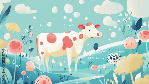 A digital illustration depicting a stylized cow standing in a field of colorful flowers. The style is cartoonish and whimsical, with pastel colors dominating the palette. The cow is white with