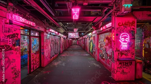 walls filled with strange cyber punk graffiti along a corridor.