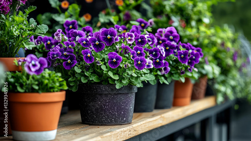 Wallpaper Mural Bright purple pansies in pots displayed on wooden shelf at garden center Torontodigital.ca