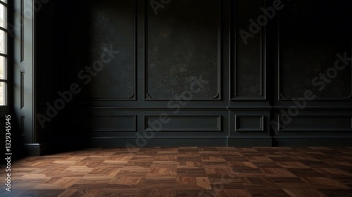 Dark elegance a room's shadowed grandeur with paneled walls and rich hardwood floor