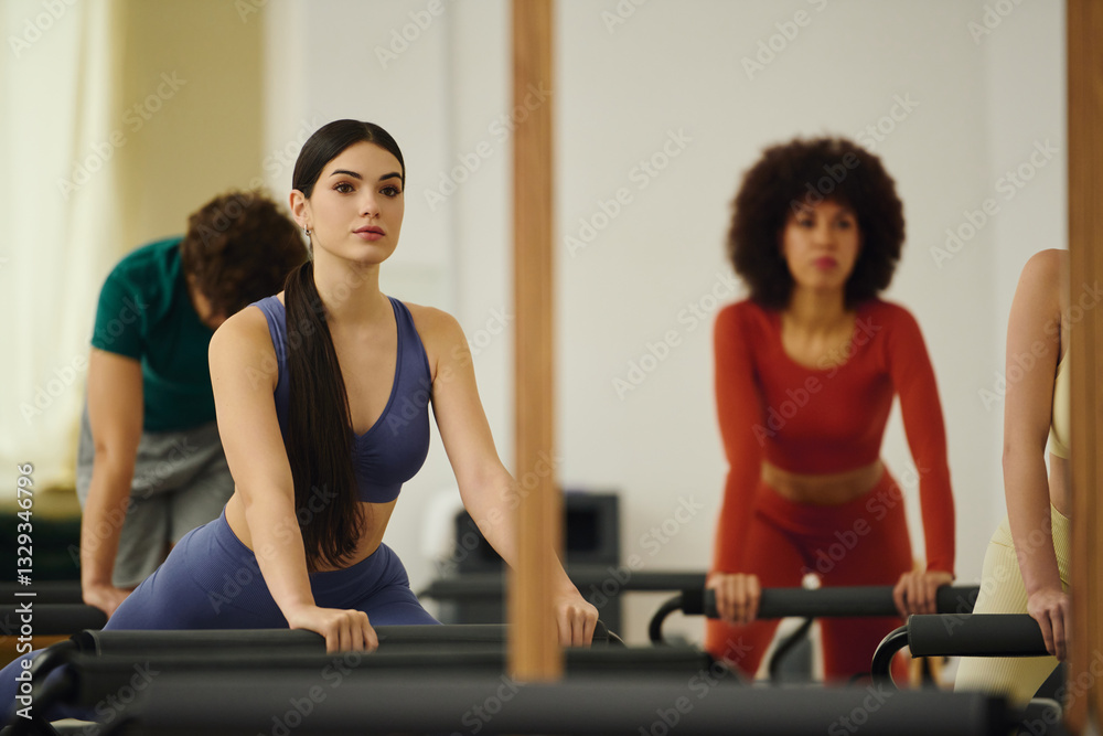 Engaging in dynamic pilates workout at a modern studio in a welcoming environment Engaging in dynamic pilates workout at a modern studio in a welcoming environment