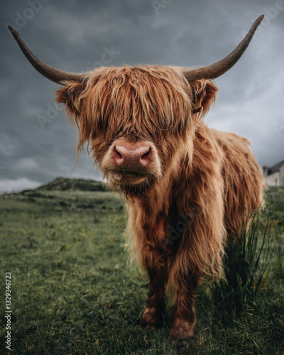 View of a majestic highland cow grazing in a tranquil rural landscape under a cloudy sky, Lairg, Scotland, UK.