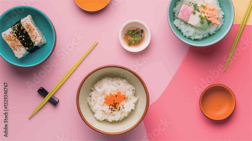 The image is a high-angle, flatlay photograph of several small bowls containing various Asian-inspired dishes.  The bowls are arranged on a pastel pink and peach background. The dishes include