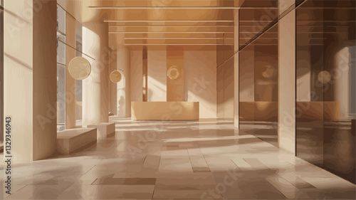 The image shows a modern interior space bathed in warm sunlight streaming through large windows.  The architecture is minimalist, featuring clean lines, beige and gold tones, and polished floors.