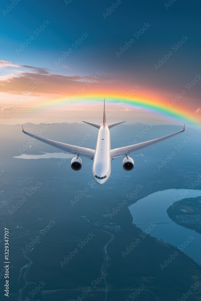 Fototapeta premium A whimsical design of an airplane flying through a rainbow.