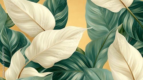 Tropical Leaves on Golden Background, Tropical leaves with a golden background, featuring lush green and white foliage