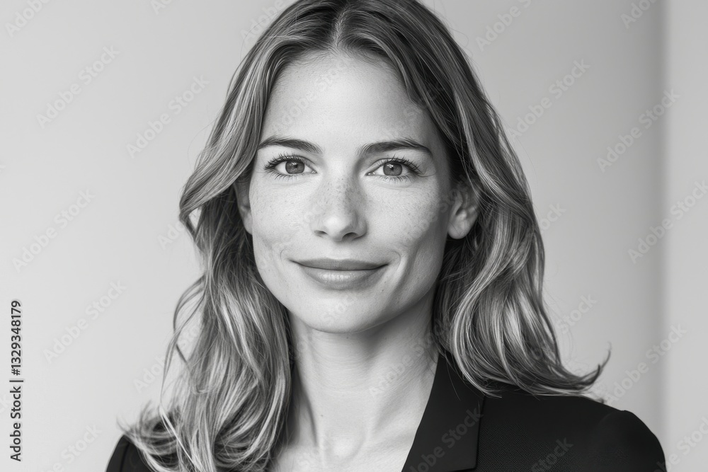 Elegant monochrome portrait of a confident woman with flowing hair and a blazer, showcasing natural beauty and a professional demeanor in a studio setting. Elegant monochrome portrait of a confident woman with flowing hair and a blazer, showcasing natural beauty and a professional demeanor in a studio setting.