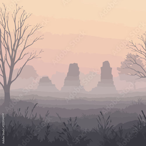 Misty Landscape with Rock Formations, Trees, and Overlapping Terrain