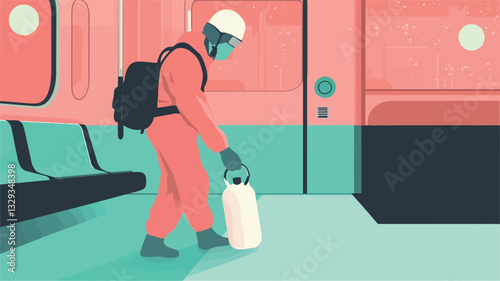 A stylized vector illustration depicts a person wearing a protective suit, mask, and gloves, carrying a backpack, and picking up something from the floor of a public transportation vehicle. The