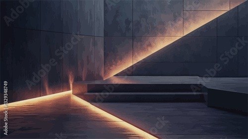 The image depicts a minimalist interior space characterized by geometric forms. The walls and floor appear to be made of dark gray concrete, creating a moody atmosphere.  Warm, orange-hued linear