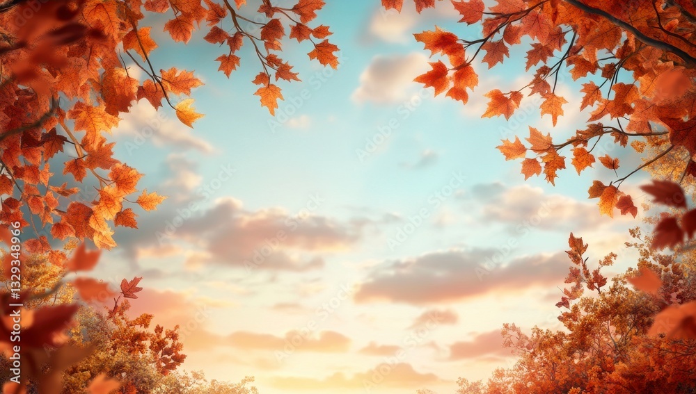 Autumn Sky with Colorful Leaves Framing a Scenic Sunset View Autumn Sky with Colorful Leaves Framing a Scenic Sunset View