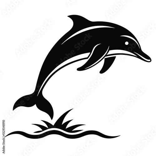 dolphin jumping over water splash, black and white illustration, simple design, minimalist artwork, crisp lines, high contrast, graphic style, marine life icon, 