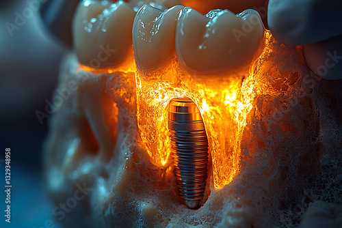 Closeup of dental implant fusing with jawbone, illuminated with warm light.  A powerful metaphor for healing and restoration, ideal for medical, dental, or health websites.