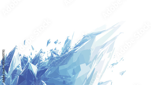 The image is a digital rendering depicting an abstract composition of blue crystal or ice fragments against a white background. The fragments vary in size and shape, creating a sense of movement