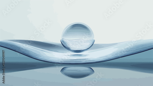 Close-up shot of a transparent glass sphere resting on a softly undulating, light blue surface. The surface appears smooth and reflective, creating a subtle ripple effect. The sphere reflects its
