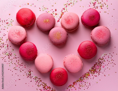 Generated image A flat lay of pink and red macarons arranged in the shape of a heart, with tiny edible glitter