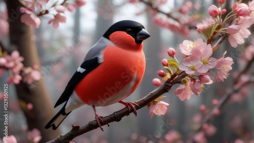 Vibrant bird perched on a blossoming cherry tree in a serene spring landscape