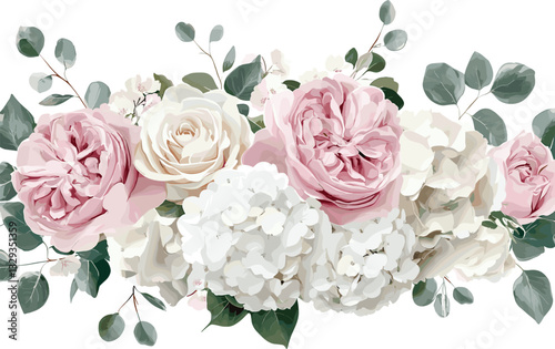Dusty pink and cream rose, peony, hydrangea flower, tropical leaves vector garland. Dusty pink and cream rose, peony, hydrangea flower, tropical leaves vector garland wedding bouquet
