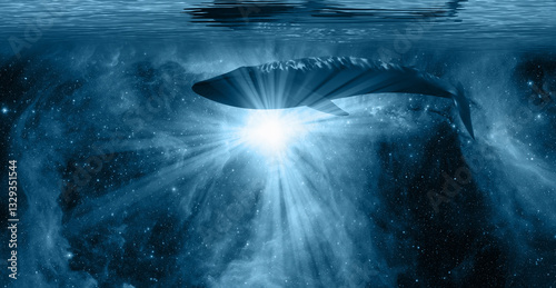 Fototapeta Naklejka Na Ścianę i Meble -  World oceans day concept with whale swiming underweater - The Sword of Orion Nebula in the background  