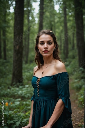 Young woman in the forest with a Celtic dress.