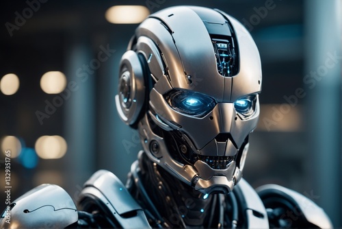 Futuristic cyborg with glowing blue eyes.