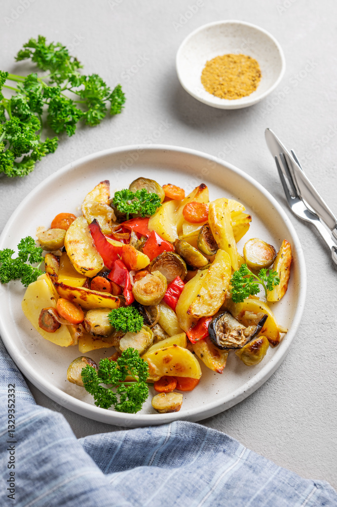 Baked vegetables potatoes, cabbage, pepper and onion in a plate on a light background with fresh parsley. Baked vegetables potatoes, cabbage, pepper and onion in a plate on a light background with fresh parsley.