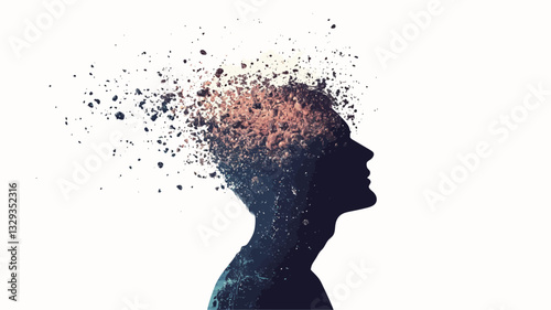 The image is a digital illustration depicting a profile view of a human head in silhouette.  The upper portion of the head is rendered with a particle effect, showing fragments of what appears to