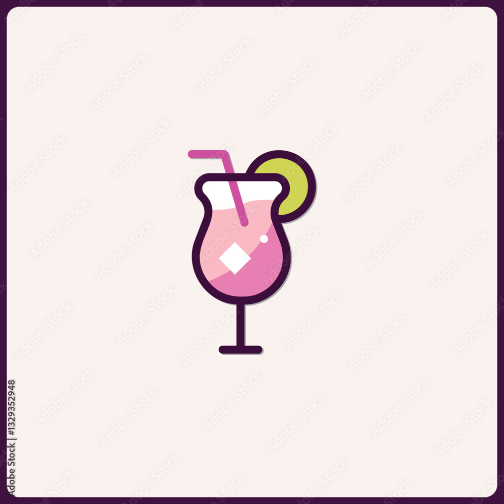Vibrant cocktail icon with lemon slice and straw, stylized minimal design Vibrant cocktail icon with lemon slice and straw, stylized minimal design