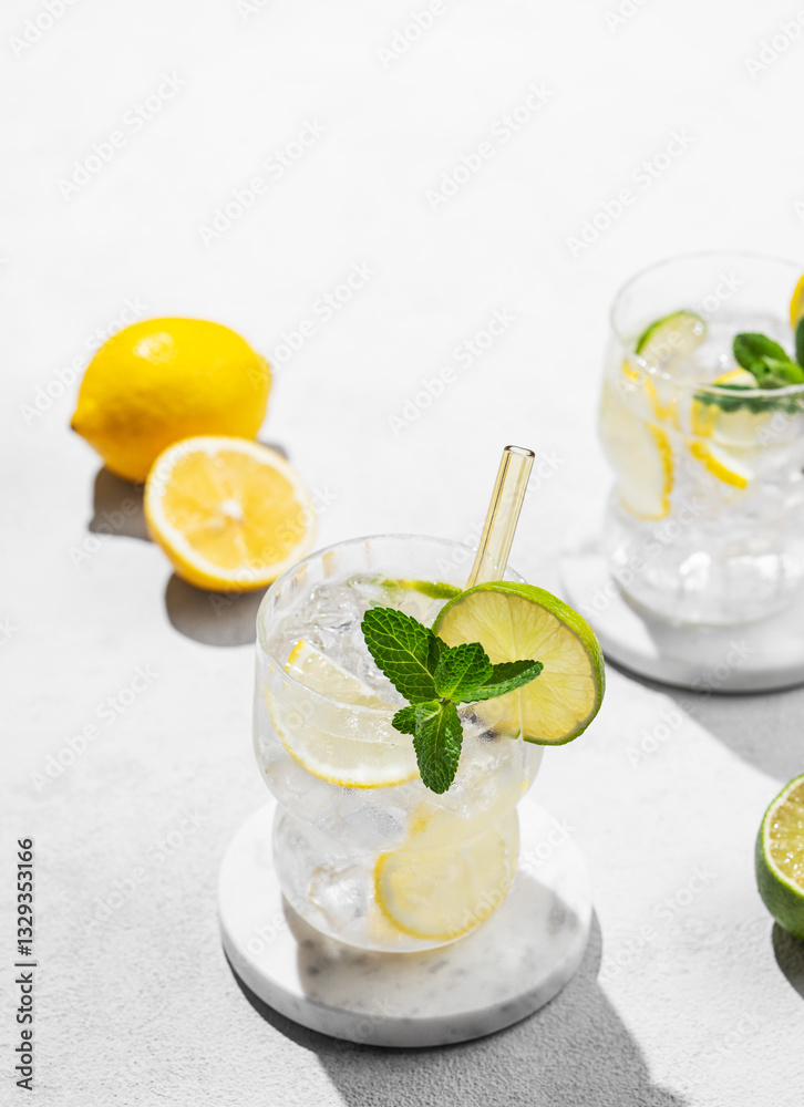 Fototapeta premium Fresh mocktail mojito with lemon, lime, mint and ice. Citrus lemonade on a white background