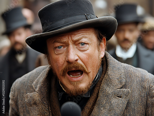 Closeup of a man in a vintage top hat, passionately speaking into a microphone.  His intense expression and period clothing evoke a strong sense of historical drama and powerful communication.