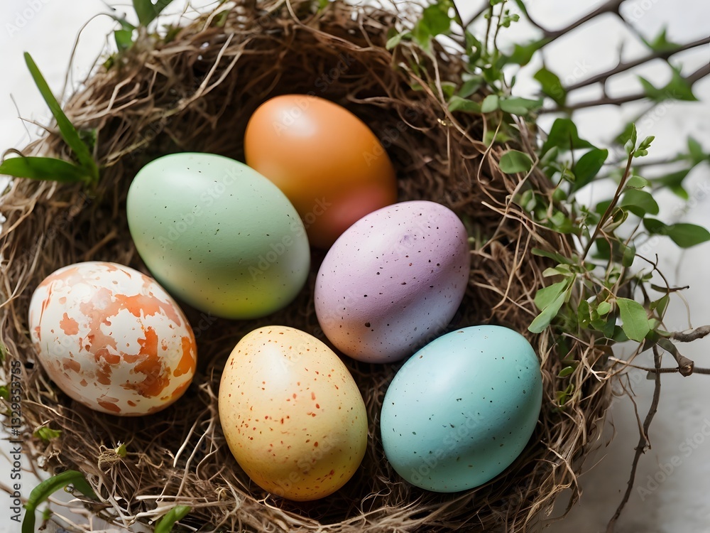 Nature-inspired Easter eggs with tree branch and plant leaves on a white surface Nature-inspired Easter eggs with tree branch and plant leaves on a white surface