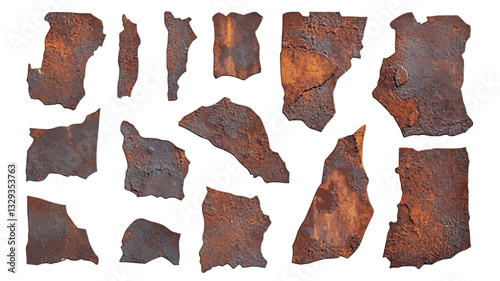 The image shows multiple irregularly shaped pieces of rusty metal arranged against a white background.  The metal fragments exhibit varying degrees of rust and discoloration, ranging from dark