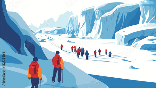 Stylized vector illustration depicting a group of hikers trekking through a glacial valley. The scene is dominated by shades of blue and white, representing ice and snow. The valley is flanked by