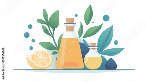A digital illustration depicting two glass bottles of essential oil, a lemon half, and stylized green leaves. The bottles are rendered in a flat, slightly cartoonish style with a yellow liquid