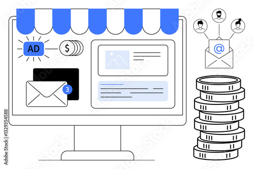 Computer monitor with ad banners, emails, and notifications, stacked coins, and connected email recipients. Ideal for digital marketing, email campaigns, business growth, advertising revenue