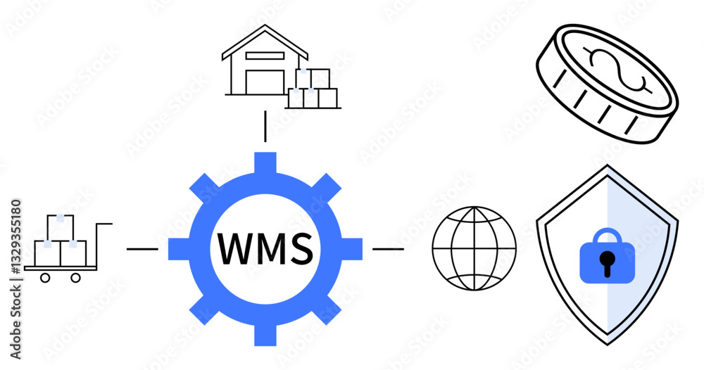 Obraz premium Gear with WMS, warehouse, trolley with boxes, coin, globe, and security shield. Ideal for logistics, supply chain inventory security global access warehouse management e-commerce. Abstract line