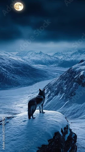 A lone wolf standing on a snowy mountain ridge under the moonlight
